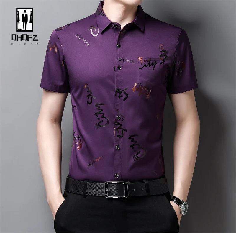 Men's Casual and Fashionable Short Sleeved Printed Shirt Wrinkle Resistant Business Top Without Ironing