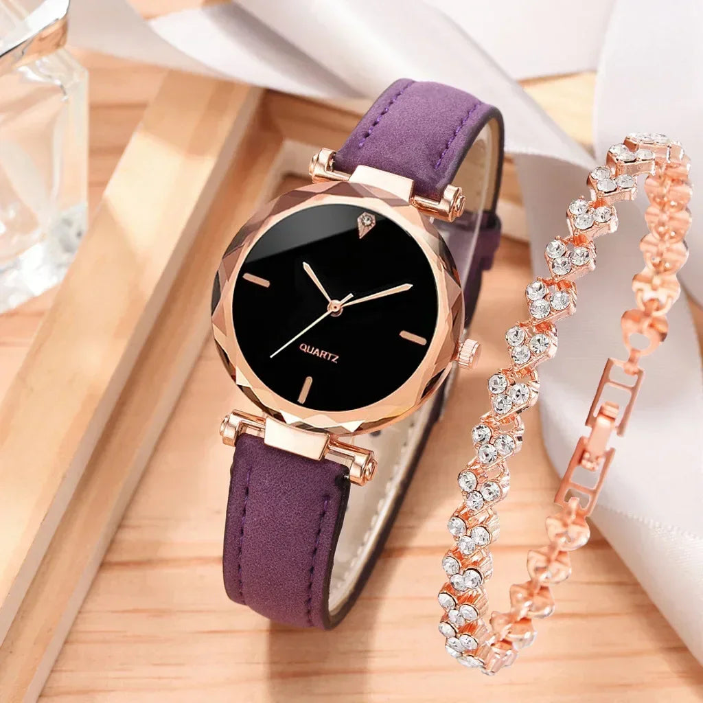 2024 Luxury Fashion Women Watch Set PU Leather Strap Ladies Quartz Wristwatch Rhinestone RoseGold Alloy Bracelet for Ladies Gift