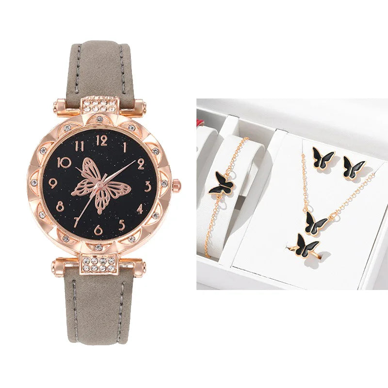 5PCS/Set Fashion Rhinestone Butterfly Women Watch Jewelry Set New Women's Bracelet Watches Waterproof Matching