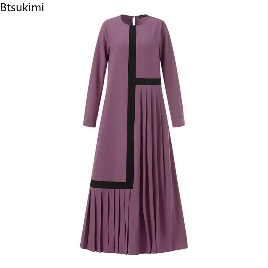 Fashion Patchwork Pleated Long Dress for Women Muslim Contrast Color Abaya Puff Sleeve Casual Maxi Dress Arab Kaftan Robe Femme