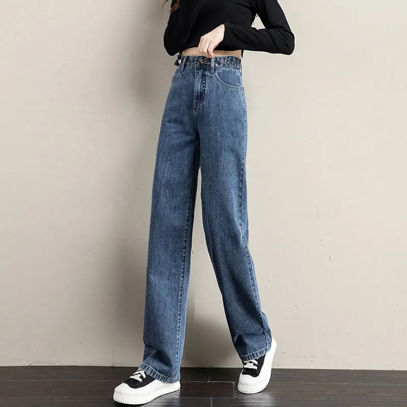 Washed High-waisted Straight Leg Jeans, Women's Loose Multi-button Adjustable Wide-leg Pants, Casual Retro Floor-length Jeans