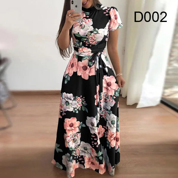 2023 Summer New Women's Luxury Sexy Retro Fashion Round Neck Mid Waist Casual Comfortable Flower Printed Large Swing Dress