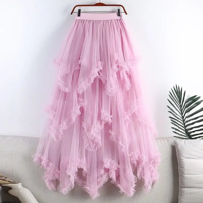 Summer Fashion Irregular Cake Tulle Skirt Women Sweet Midi Long High Waist A-line Skirt Female Mesh Party Evening Skirt