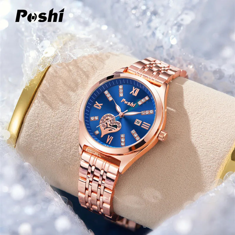 POSHI Women Watches Fashion Stainless Steel Date Ladies Wristwatch Waterproof Quarzt Watch Girlfriend Gift Relogio Feminino