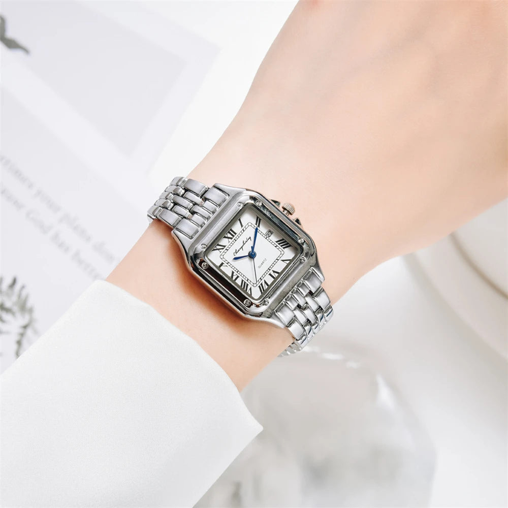 Luxury Branded Women Watches 2023 Simple Square Roman Calendar Women Quartz Watch Fashion Stainless Steel Strap Ladies Clock