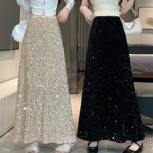 Sequin Clothing Harajuku Y2K Fashion Women Black Streetwear Elegant High Waist Korean Casual All Match A Line Fashion Skirts