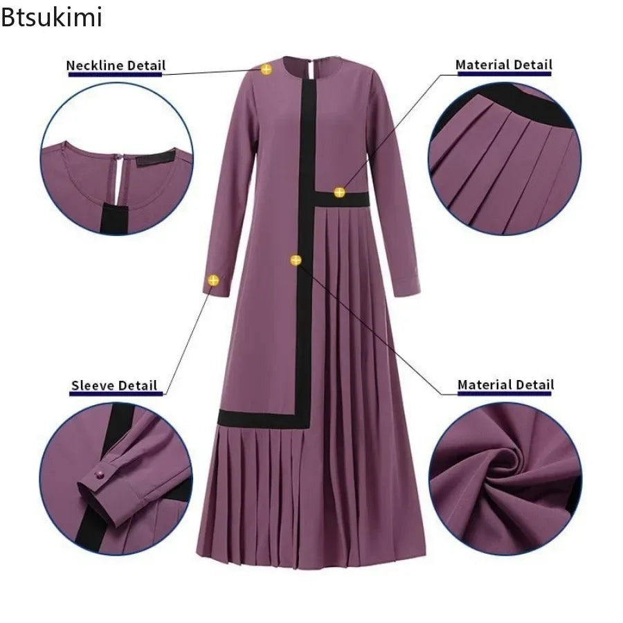 Fashion Patchwork Pleated Long Dress for Women Muslim Contrast Color Abaya Puff Sleeve Casual Maxi Dress Arab Kaftan Robe Femme