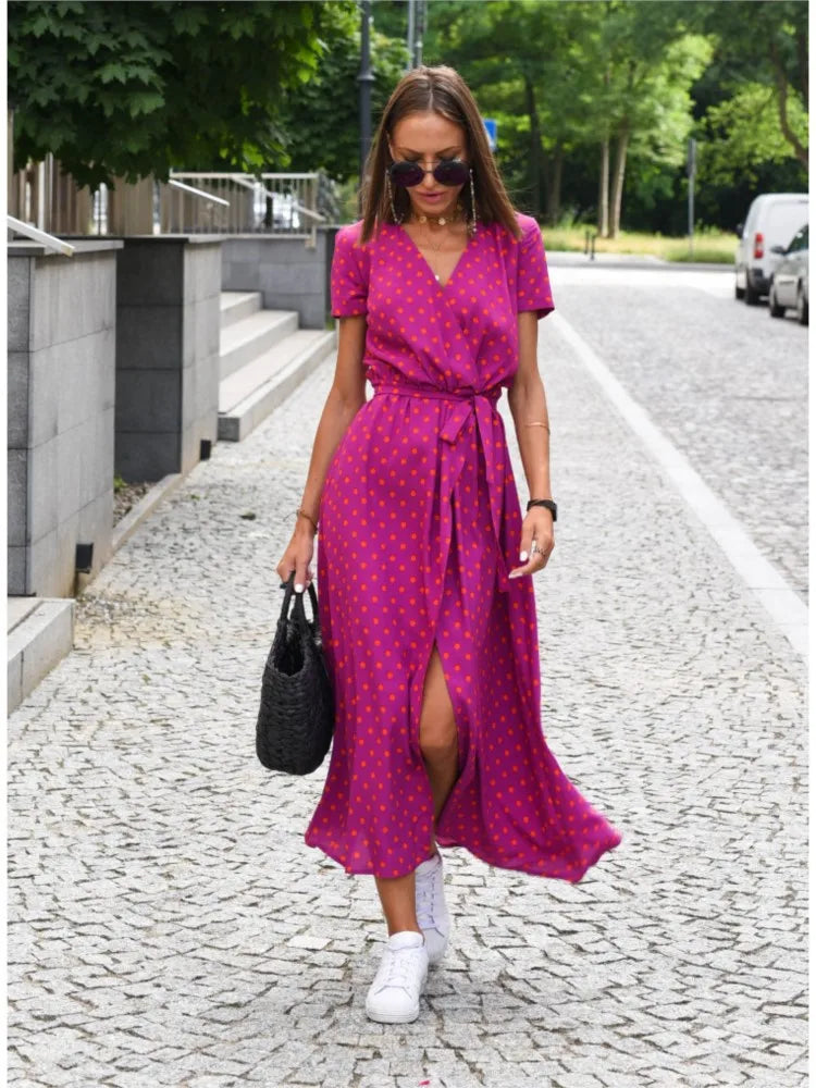 Women V Neck Split Lace-up Dress Floral Print Long Dresses Summer Sexy Female Casual Elegant Short Sleeve Beach Dress Vestidos