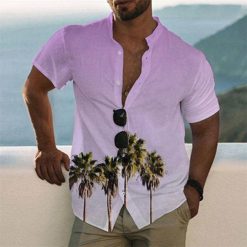 Casual Coconut Tree Graphic Beach Shirts Summer Fashion Short Sleeve Lapel 3D Printed Hawaiian Shirts Mens Loose Vacation Blouse