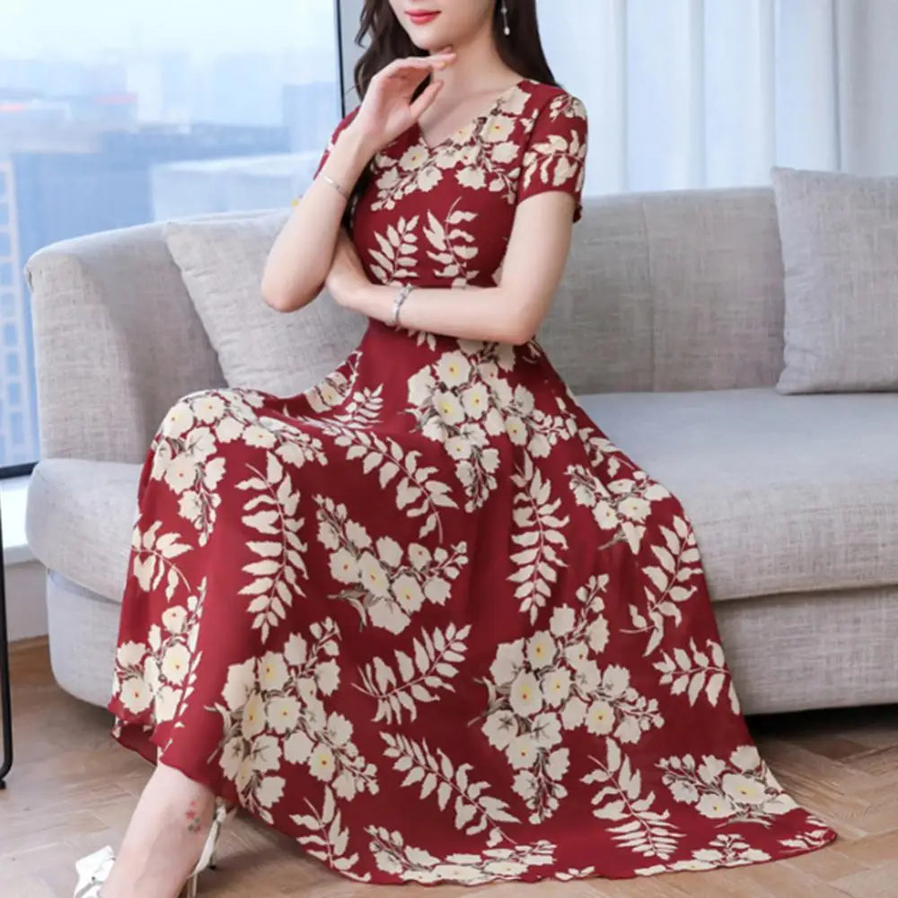 Summer Women Short Sleeve Fashion Elegant Tight Dress Lady Floral Print Women's Waist Large Swing V-Neck Maxi Women's Clothing