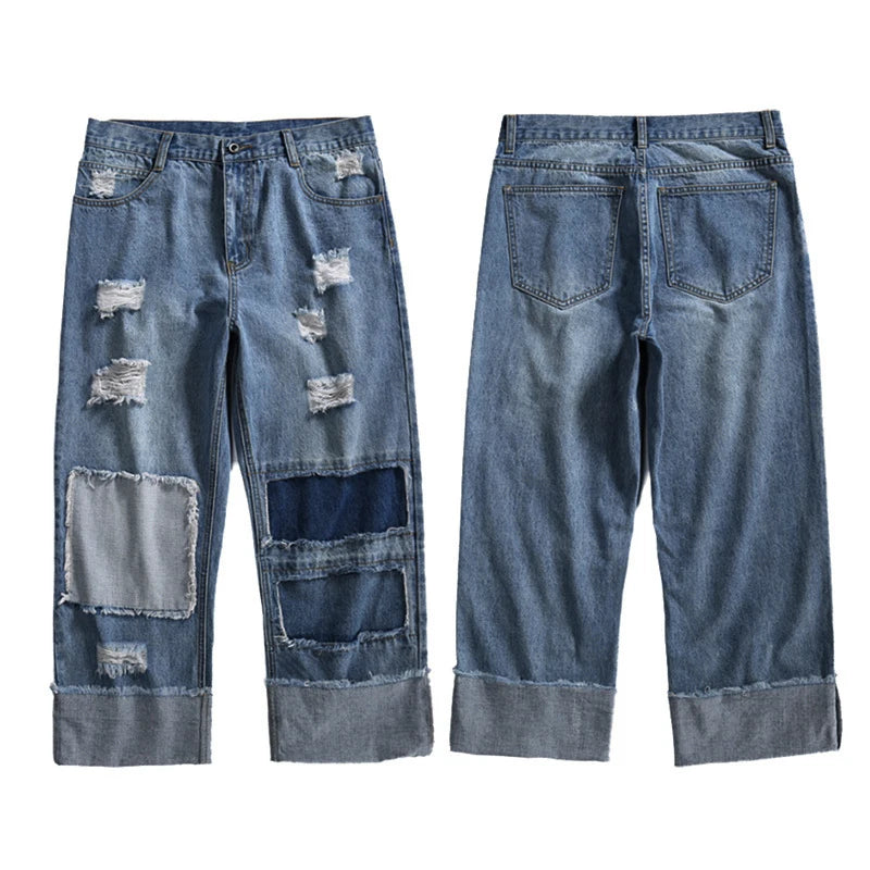 Men patched up torn jeans men loose-fitting trendy jeans blue slacks stretch jeans men's 2025 fashion new trend jean