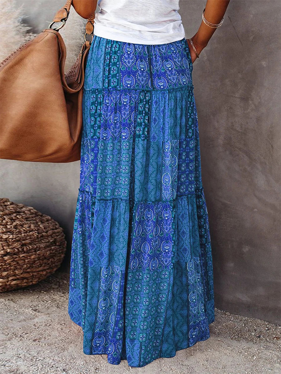 Women Bohemian Long Skirts Vintage Long Maxi Elastic High Waist A-Line Skirts Tiered Long Skirts with Pockets Beachwear Skirt