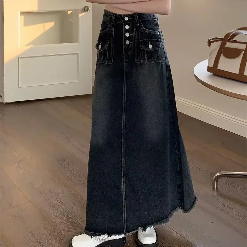 2024 New Streetwear Denim Skirt Spring Summer Fashion Frayed Hem Pocket High Waist Long Jeans Skirt Loose Plus Size Skirt S-5XL