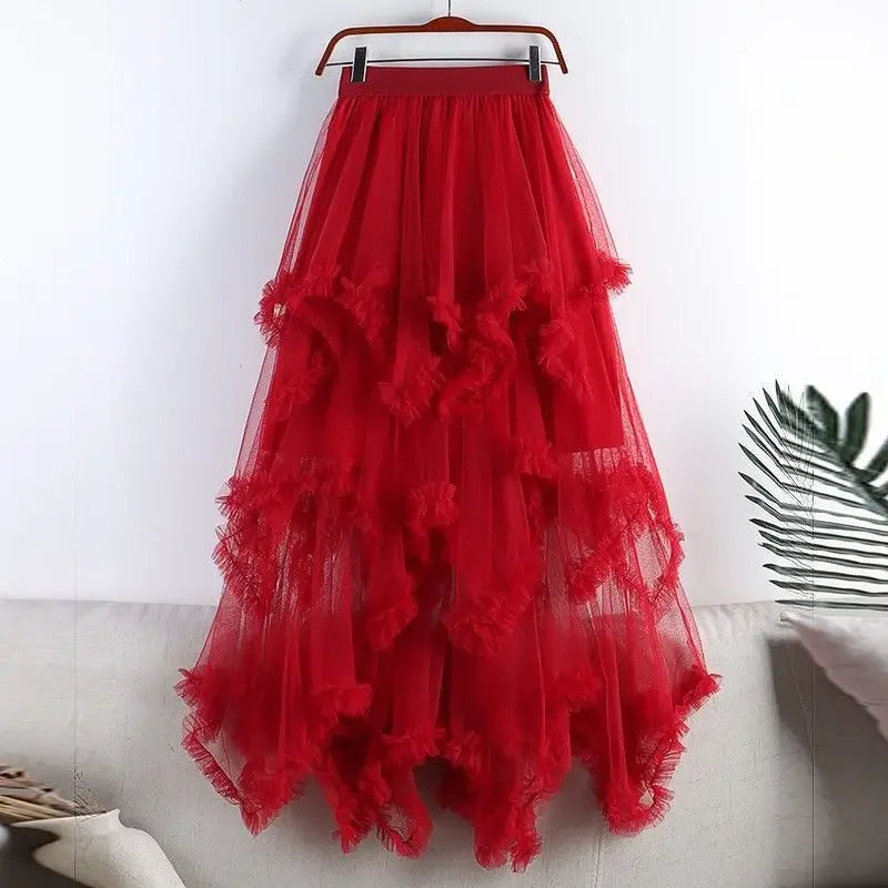 Summer Fashion Irregular Cake Tulle Skirt Women Sweet Midi Long High Waist A-line Skirt Female Mesh Party Evening Skirt