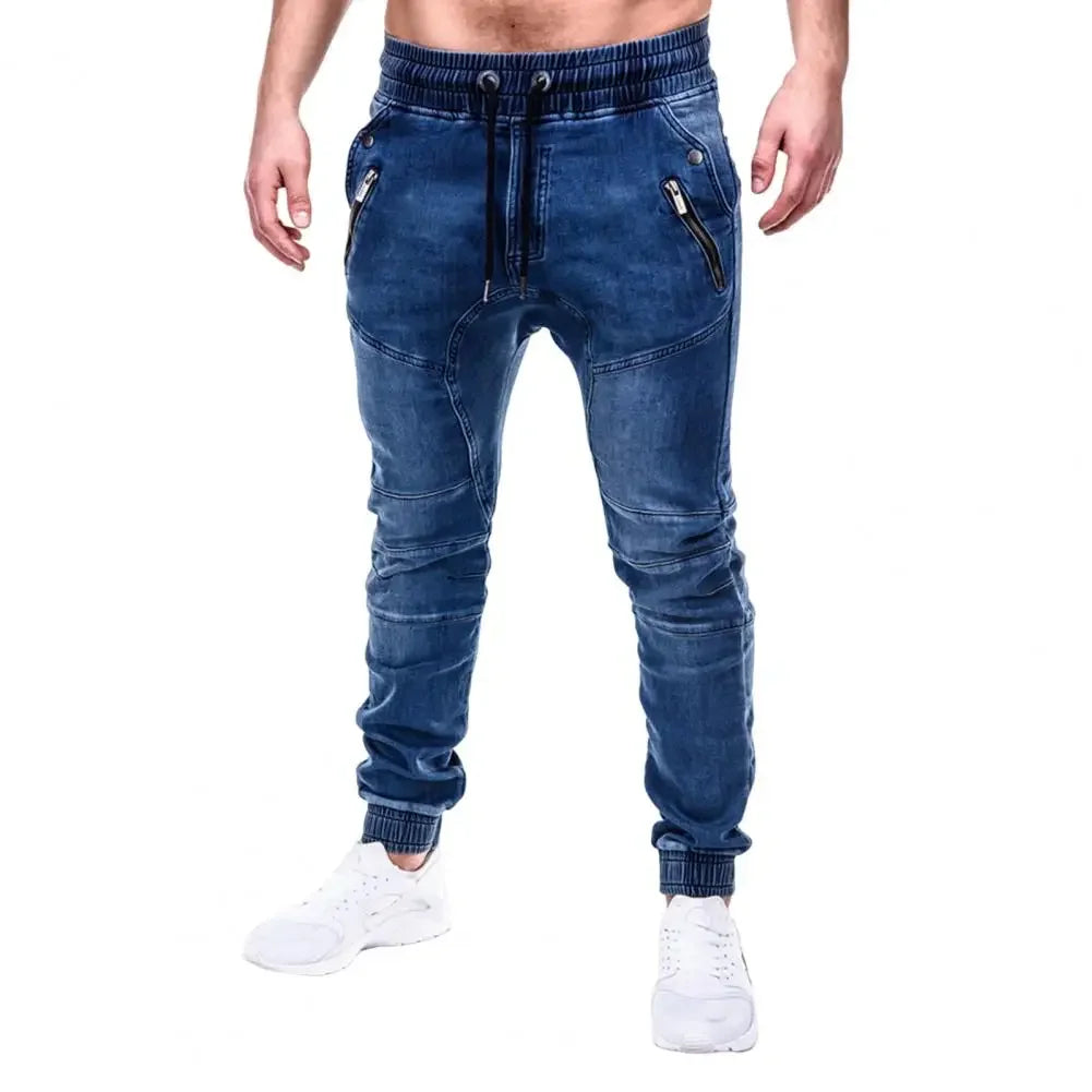 Men's Outdoor Summer Riding Jeans Motorpoof Jeans Skinny Jeans Fashion Pockets Denim Pencil Pants Ankle Tied Denim Trousers