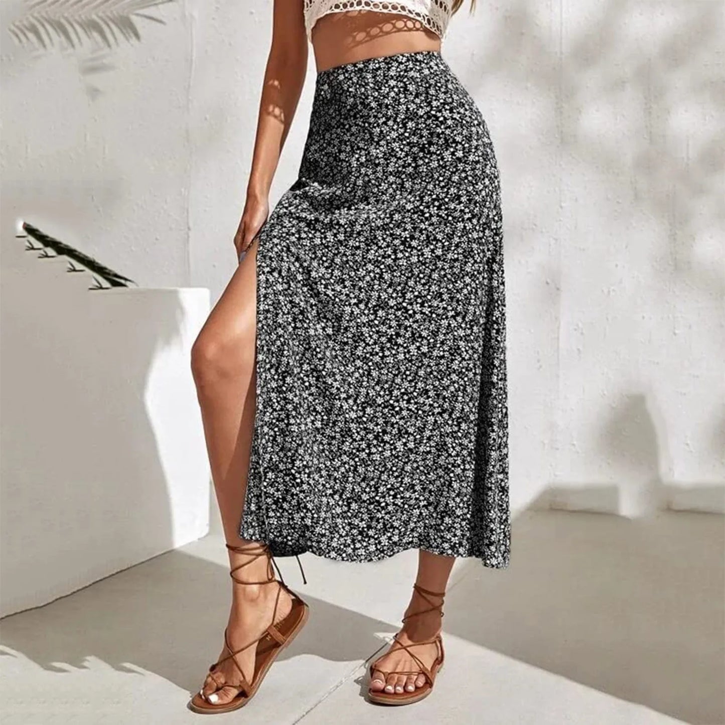 Fashion Vintage Skirt 2023 Flower Polka Dot Print High Waist Stretch Split Long A-Line Skirts For Women Fashion Beach Maxi Skirt