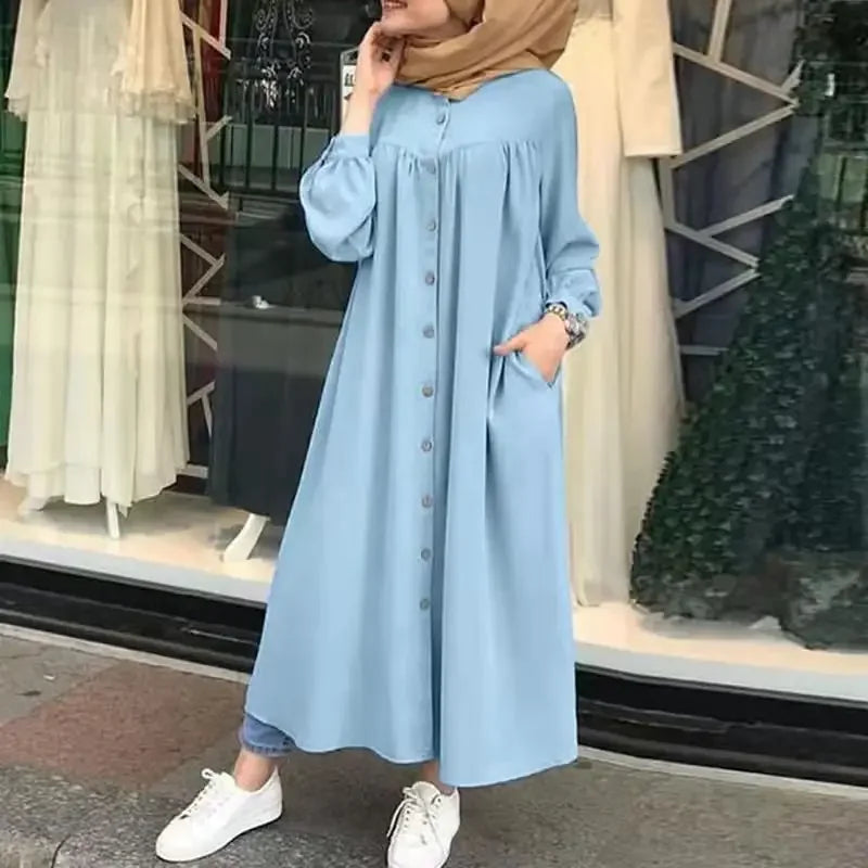 Plus Size 4XL 5XL Women's Casual Muslim Dress Button Solid Long Sleeve Shirt Dress Pocket Robe Abayas for Women Open Abaya Dress