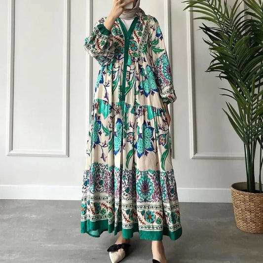 Vintage Print National Style Jalabiya Femme Robe Muslim Dress Long-sleeved Stand Collar Dubai Abayas for Women Islam Clothing