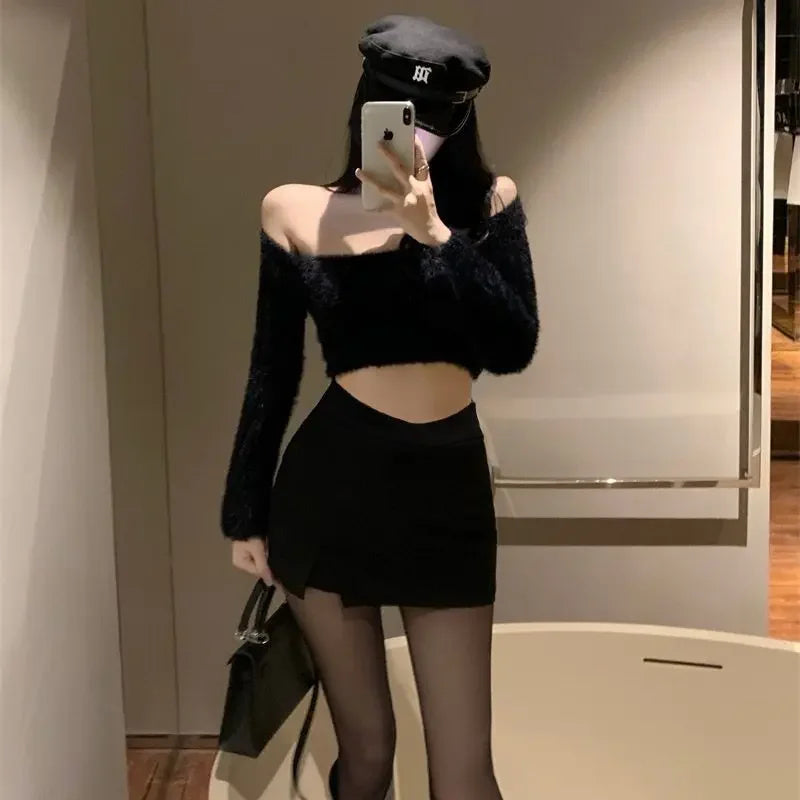 2024 Black Split Mini Skirts Women Summer Club High Waist Slit Skirt Streetwear Korean Party Fashion Irregular Slim A Line Skirt