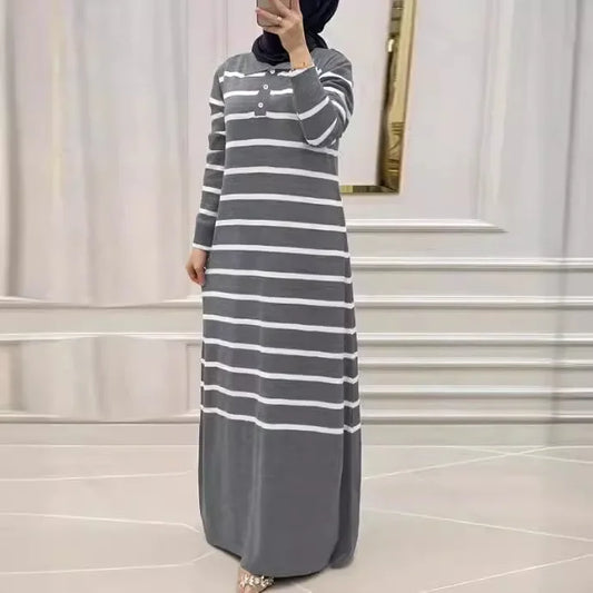 Eid Muslim Women Knit Dress Stripes Jalabiya Kaftan Islam Vestidos Long Robe Ramadan Morocco Dubai Abayas Knitting Dresses