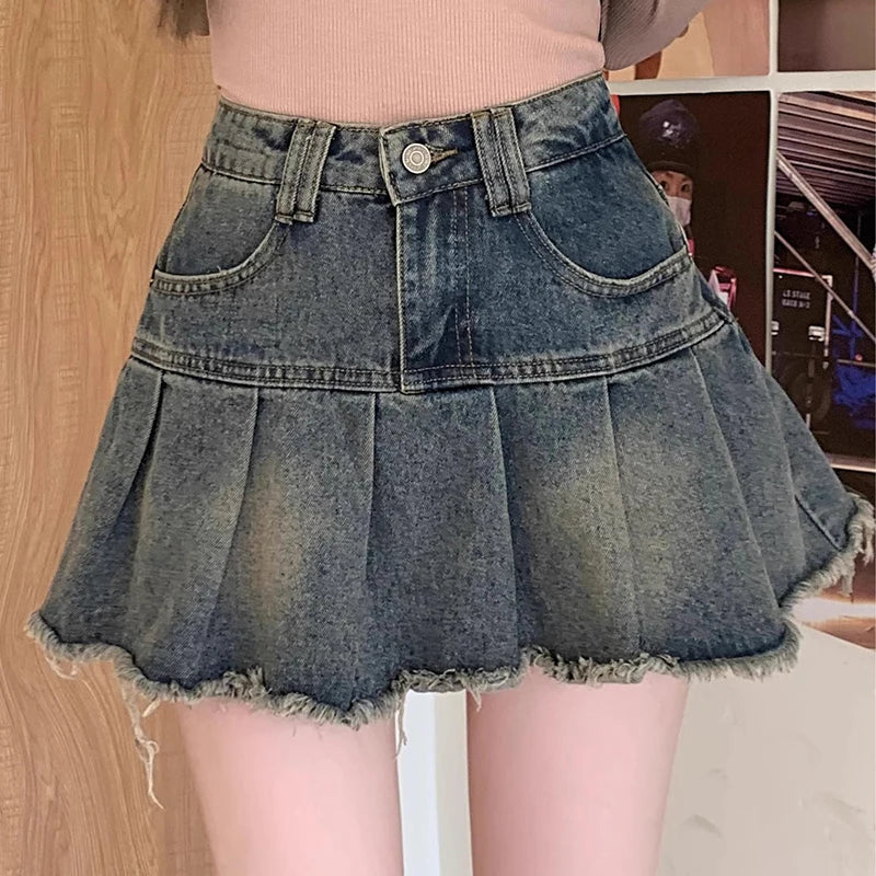 Fashionable And Sweet Korean Style High Waist Denim Pleated Skirt For Women