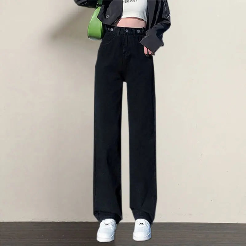 Washed High-waisted Straight Leg Jeans, Women's Loose Multi-button Adjustable Wide-leg Pants, Casual Retro Floor-length Jeans