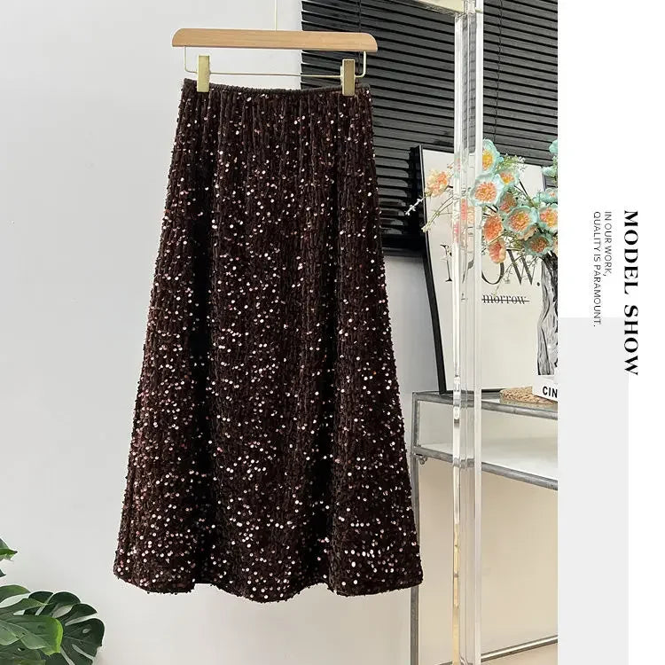 Sequin Clothing Harajuku Y2K Fashion Women Black Streetwear Elegant High Waist Korean Casual All Match A Line Fashion Skirts