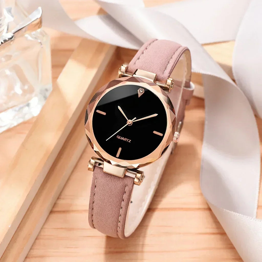 2024 Luxury Fashion Women Watch Set PU Leather Strap Ladies Quartz Wristwatch Rhinestone RoseGold Alloy Bracelet for Ladies Gift