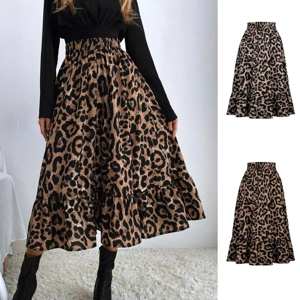 Women Skirt High Waist Stylish Skin-touching Elastic Fine Workmanship Dressing Up Chiffon Leopard Print A-line Skirt Daily Cloth