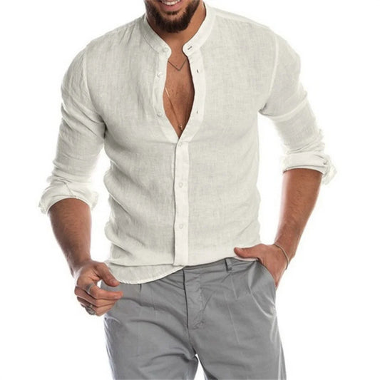 New Spring Men's Fashion Casual  Shirt  Button Linen Cotton Comfortable Daily Tops Long Sleeve Shirt