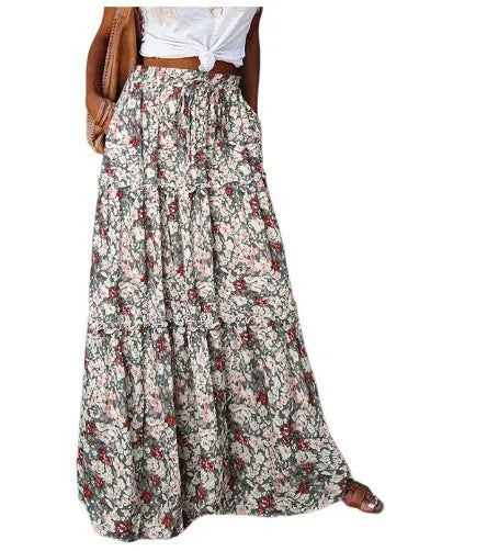 Womens Loose Long Boho Flowers High Elastic Waist With Pockets And Belt Maxi Skirt Pleated Skirt 2024 Summer Sexy Women Skirts