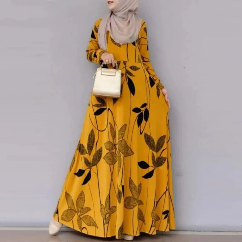 Muslim Printed Long Sleeve Dress for Women Casual Bohemian Robes Holiday Muslim Dress Dubai Full Length Abaya Turkey Spring Robe