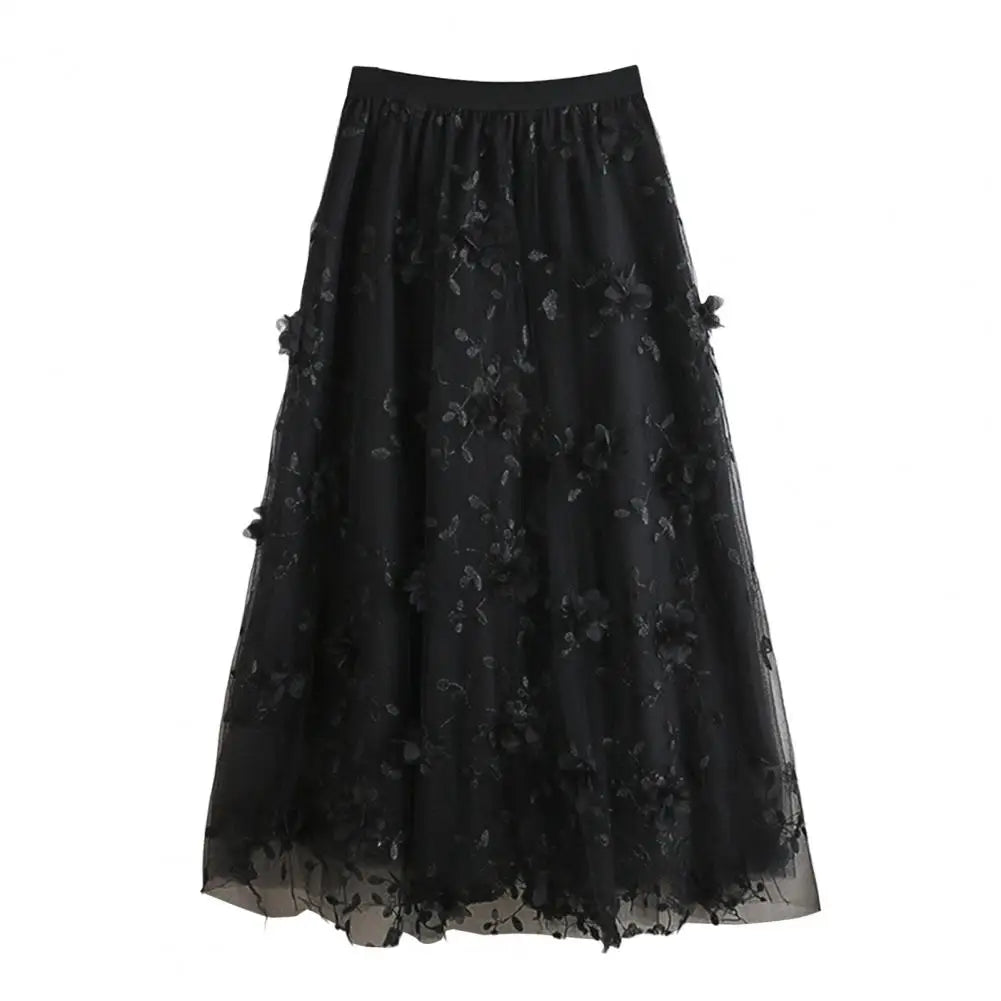 Women High Waist Midi Skirt Elegant Floral Embroidery Mesh Midi Skirt with Double Layered Tulle High Waist A-line for Women