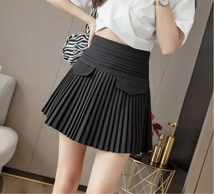 White Pleated Skirt Women  High Waist Skater Skirt Female Korean A-Line High Fashion Casual Short Skirt Women Bottoms