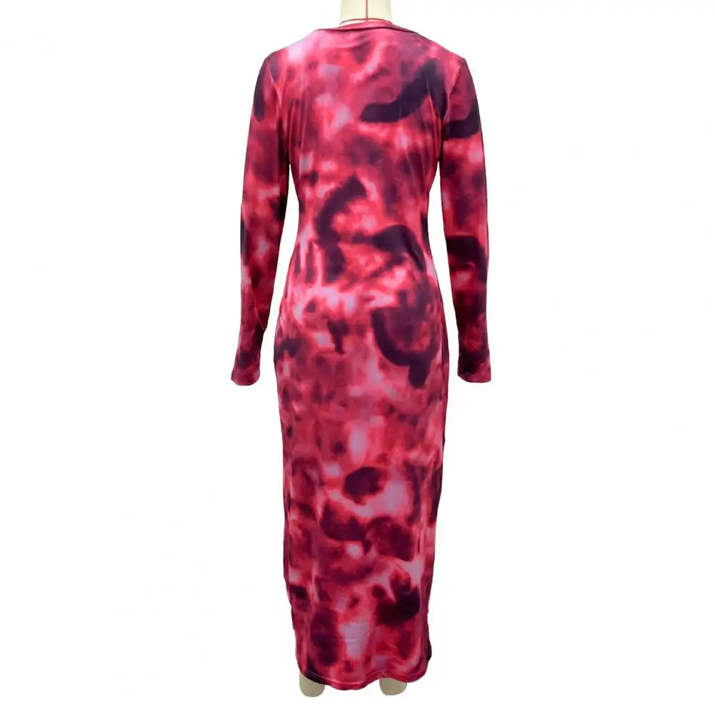 O Neck Tie-dye Dress Elegant Women's Long Sleeve Maxi Dress with Round Neck Slim Fit Ankle Length Tie-dye for Spring for Women