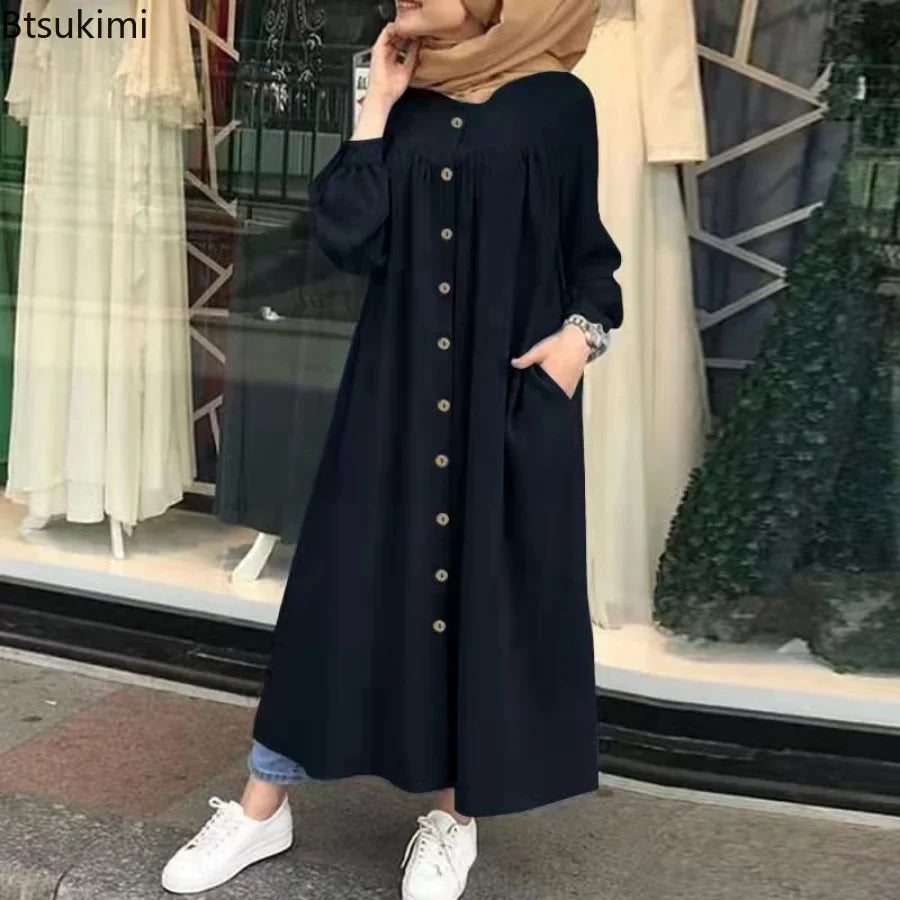 Plus Size 4XL 5XL Women's Casual Muslim Dress Button Solid Long Sleeve Shirt Dress Pocket Robe Abayas for Women Open Abaya Dress