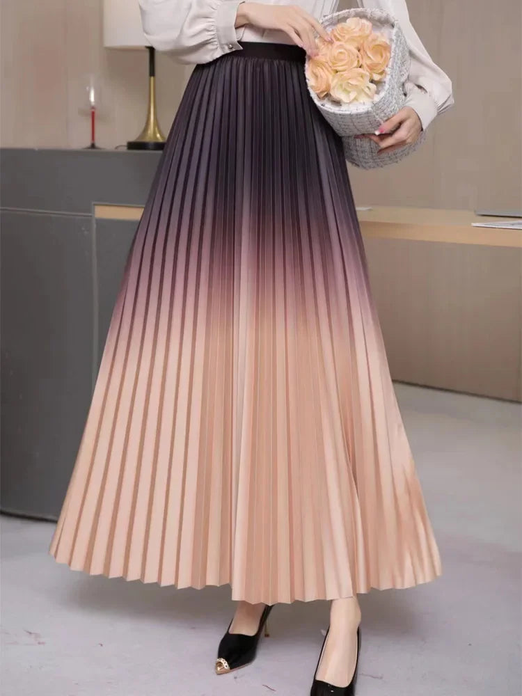 Floor-Length Long Pleated Skirt Women Gradient Color Lengthen Maxi Skirt Women Casual Patchwork Elegant Skirt Female