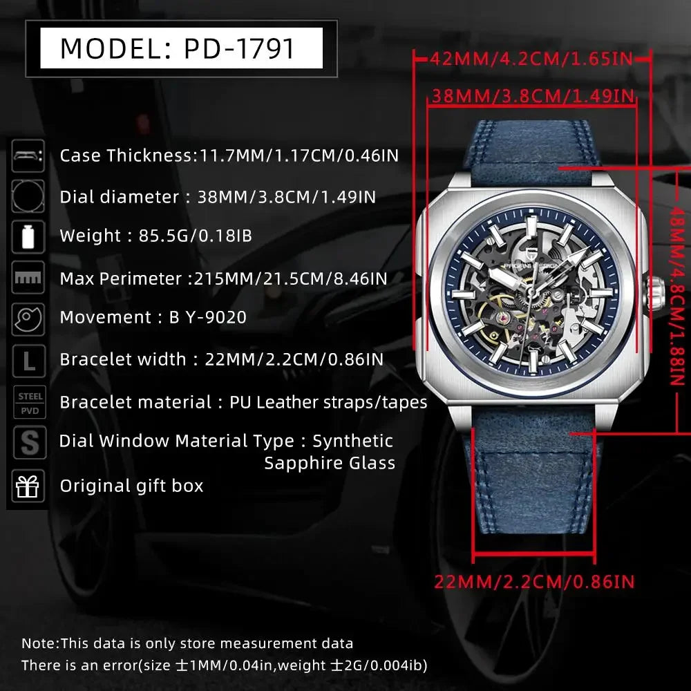 PAGANI DESIGN 38mm Square Luminous Dial 50m Waterproof Tourbillon Men's Mechanical Automatic Watch 2024 Hot Selling PD1791