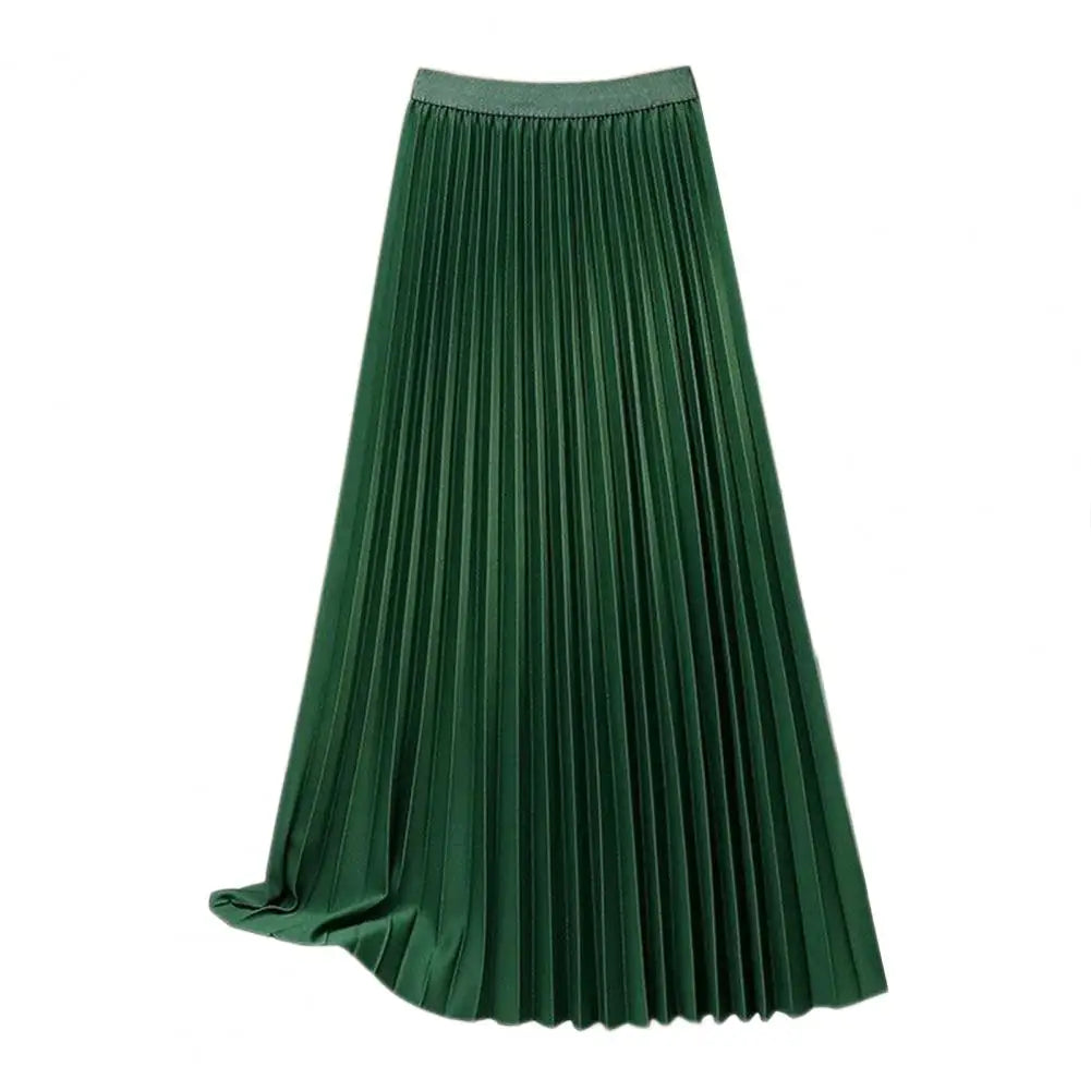 Women Maxi Skirt Elastic High Waist Pleated Skirt Solid Color Smooth Satin A-Line Skirt Work Leisure Wear Короткое Платье Макси