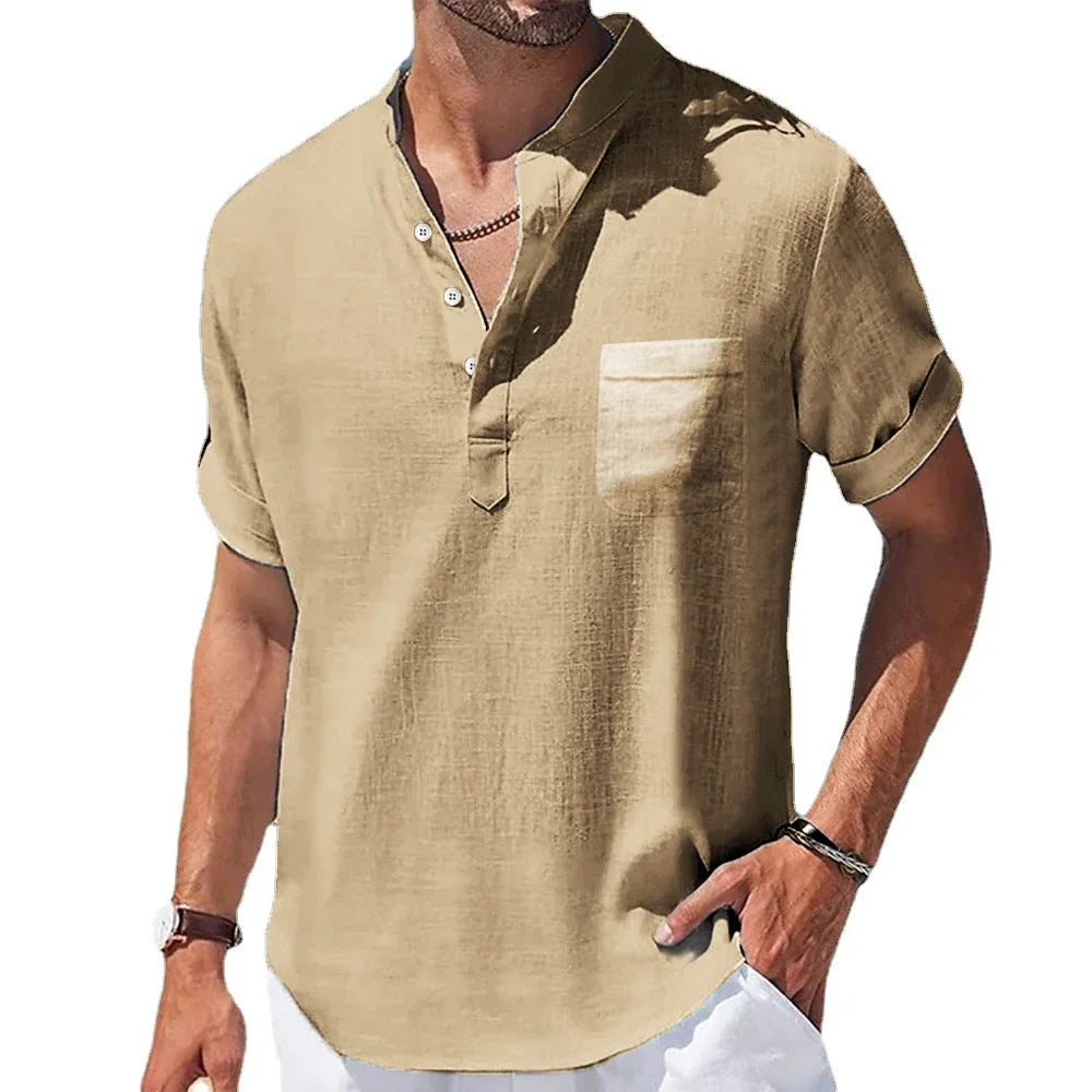 New Men's Casual Stand Up Collar Summer Solid Color Short Sleeve Linen Shirt Trendy Breathable Loose Youth Basic Pocket Tops