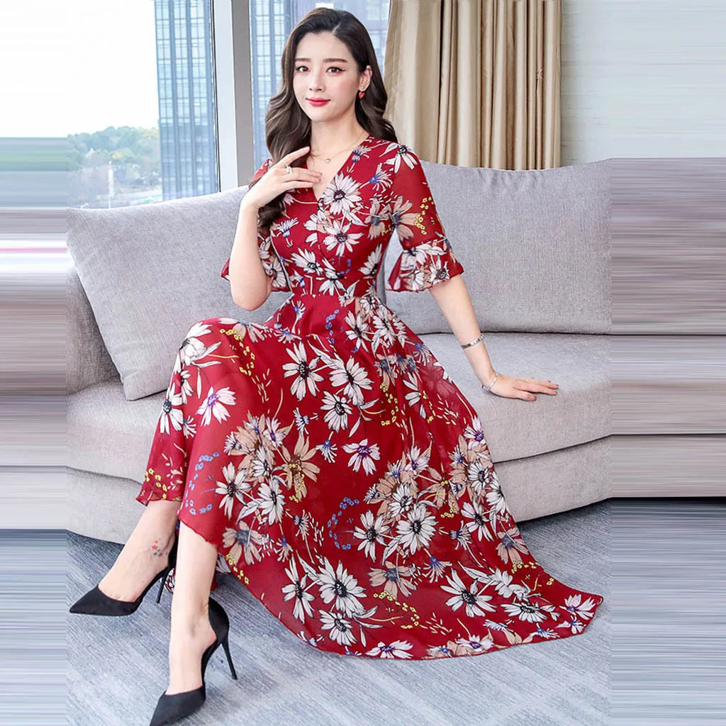 Women'S Fashion Floral Print Dresses Long Casual  A-Line Print V-Neck Slim Short Sleeve Waist Cinching Women'S Dress Frocks