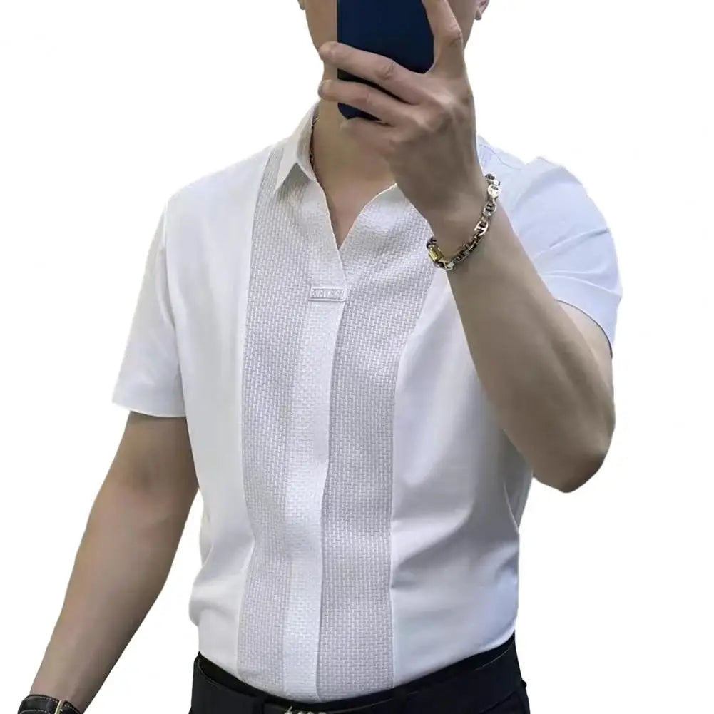 Men Short-sleeve Shirt Formal Business Style Men's Summer Shirt With Turn-down Collar Short Sleeves Slim Fit Patchwork Soft