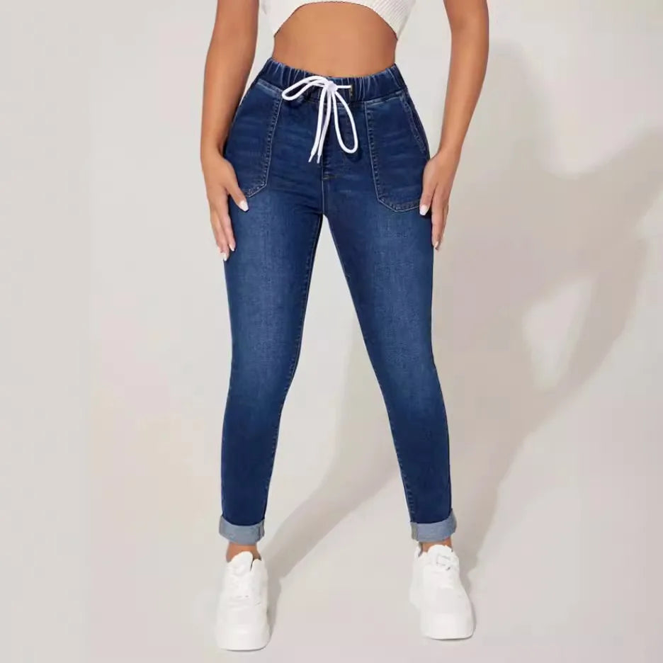 Stretch Pencil Pants Women High Waist Lace Up Distressed Denim Ankle Length Trousers Slim Denims 2024 Streetwear Vintage Jeans