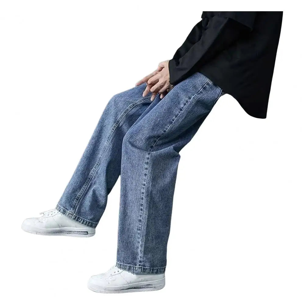 Men Jeans Wide Leg Pants Baggy Trouser Retro Straight Long Pants Washed Denim Blend Casual Men Denim Overalls Streetwear