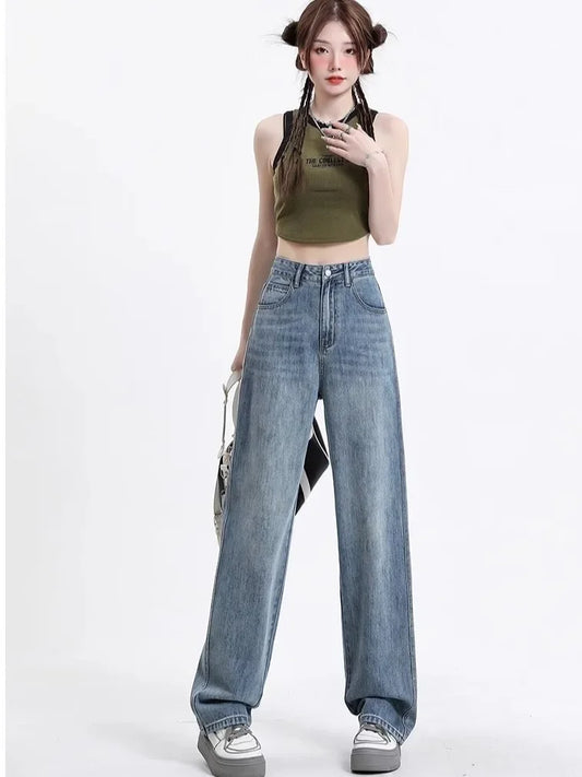 New Black Loose Jeans Streetwear Vintage Women High Waist Baggy Jeans Women Trousers Button Women Pants Straight Wide Leg Jeans