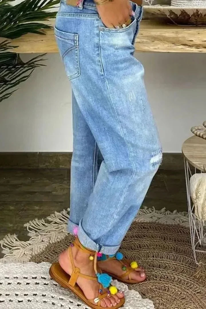 Ripped Jeans for Women Hole High Waist Mom Jeans Flare Pant Denim Autumn 2024 Casual Long Streetwear Trousers Capris Baggy Jeans