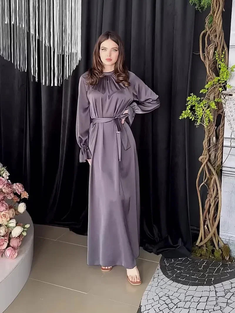 Long Sleeve Muslim Dress Women Solid Satin Dress for Women Slim-fit Belt Evening Dresses Abaya Dubai Islamic Clothing Vestidos