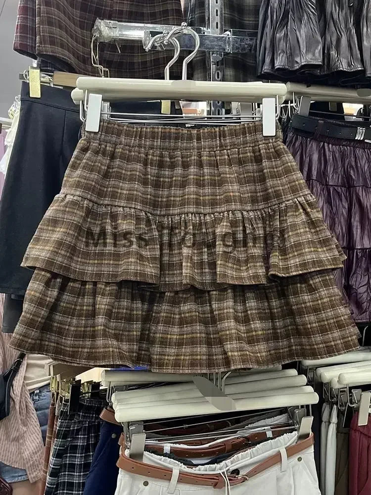 Japanes Cute Ruffled Plaid Skirt Punk Rock Subculture Cake Skirts Preppy Style Casual Summer Women Mini Skirts 2000s Clothes Y2k