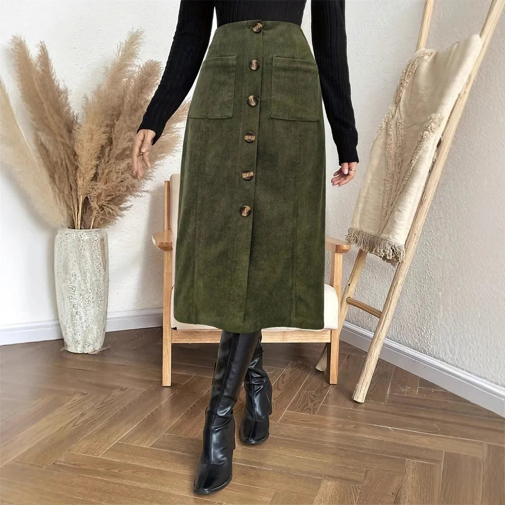 Autumn And Winter Casual Commuting Skirt With Elastic Waistband Buckle, Patch Bag, Fake Placket, Straight Tube, Mid Length Skirt