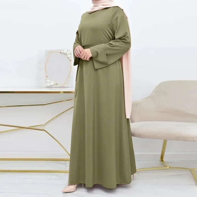 Femme Loose Turkey Kaftan Vintage Spring Muslim Dress Malay Simple Solid Women Abaya O-neck with Belt Big Size Long Sleeves Robe